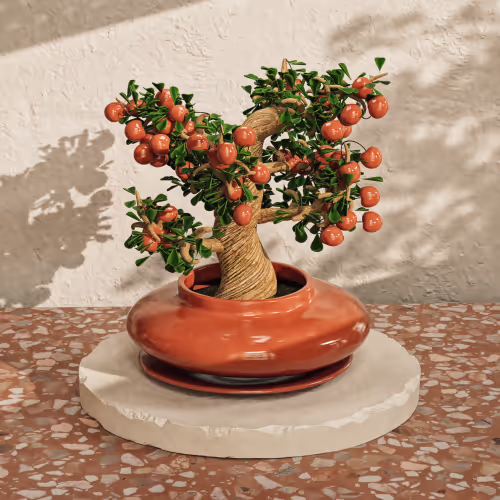 An ornamental, 3D miniature bonsai tree with bright orange fruits in a glazed terracotta pot, placed on a round stone stand against a warm, textured background.