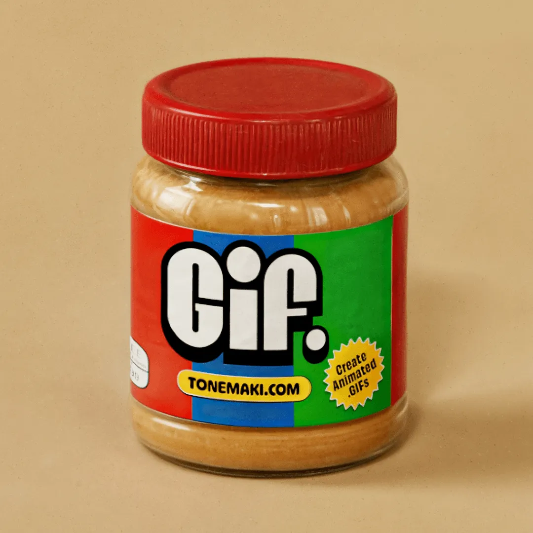 A peanut butter jar branded "Gif." with tonemaki.com on the label — the GIF-or-JIF joke