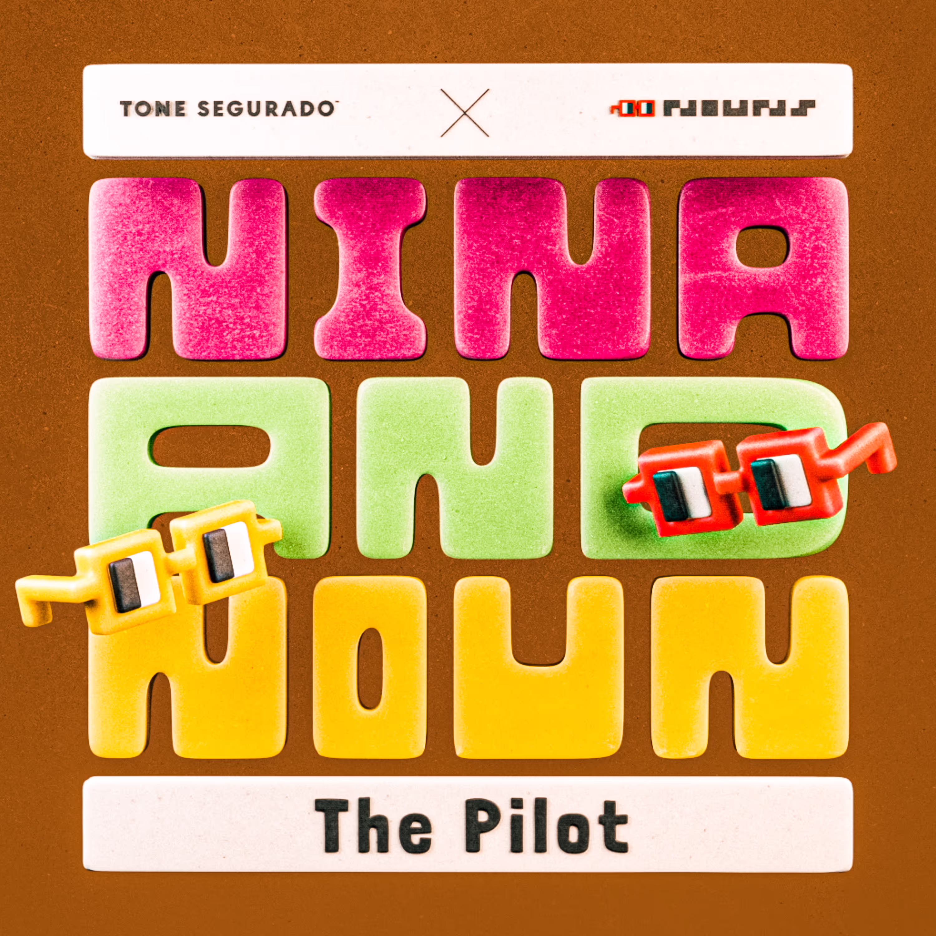 Album art for "The Pilot" by Tone Seguro and 1000 nouns. The cover features the title spelled out in colorful, chunky letters with a pair of cartoon sunglasses on each side.