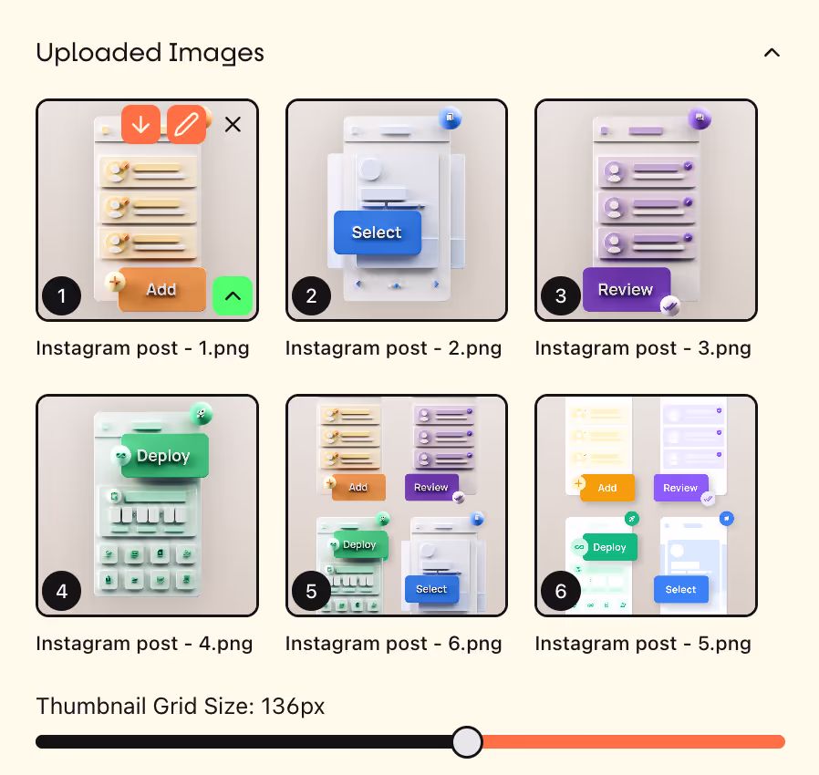 Compact grid of uploaded images for GIF creation with reordering and selection options.