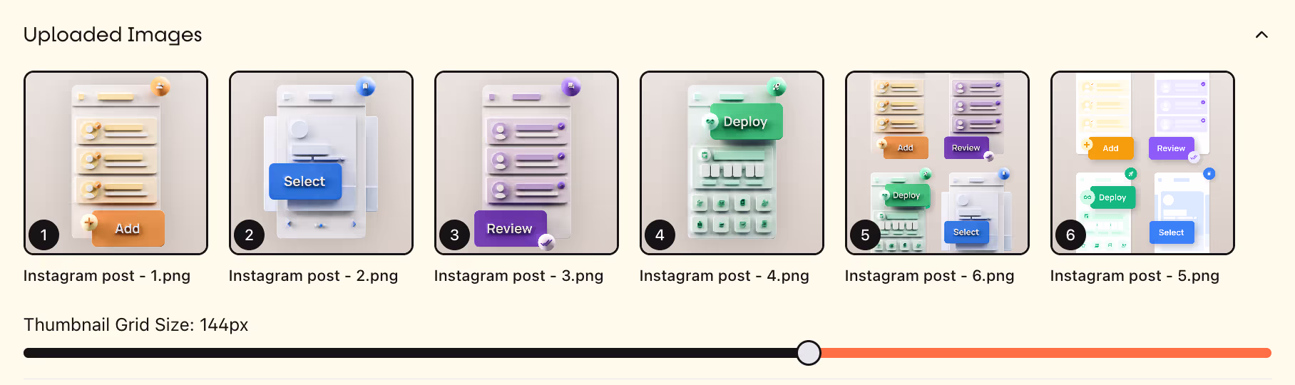 Grid view of uploaded images for GIF animation with adjustable thumbnail size slider.